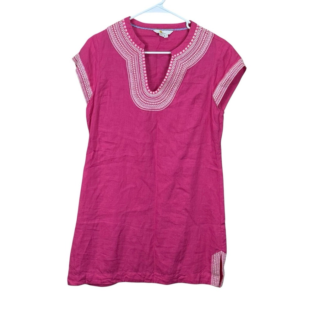 Boden 100% Linen Lagenlook Dress‎ Pink Embroidered Womens 4P
